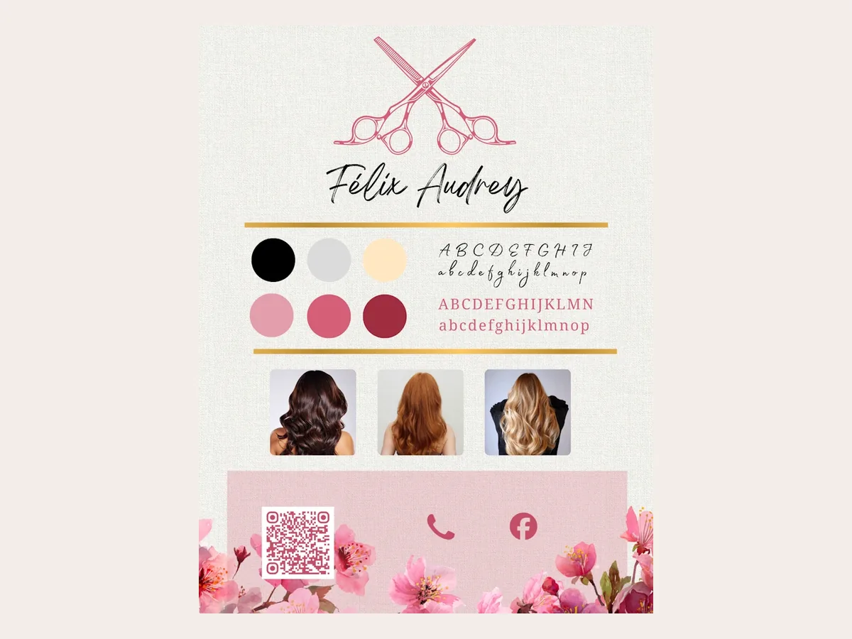 Charte graphique A&F Coiffure : logo aux ciseaux, palette de roses et typographies