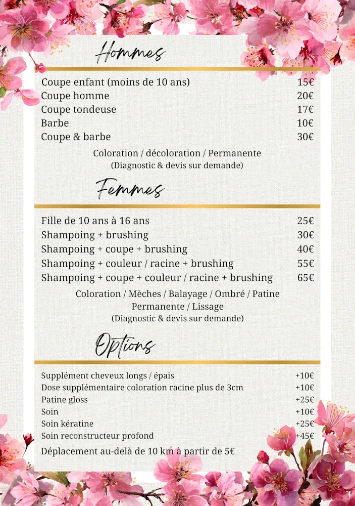 Verso du flyer : grille tarifaire hommes, femmes et options