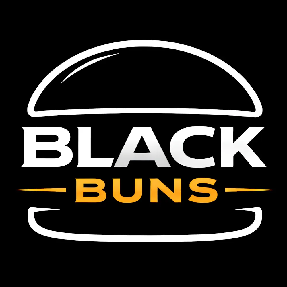 Logo Black Buns : un burger dessiné au trait blanc et orange