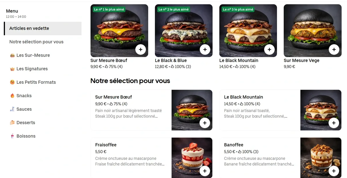 Carte Black Buns sur la plateforme de livraison, avec photos et descriptions des burgers