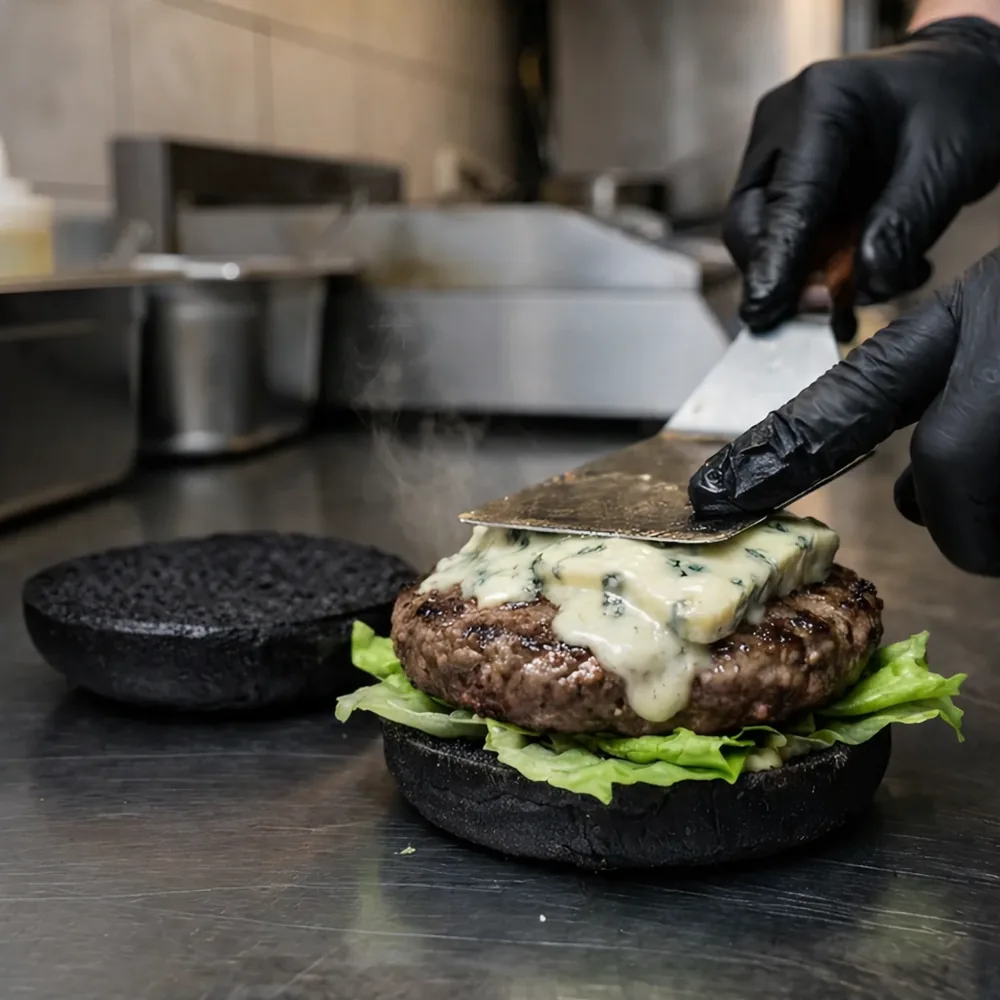 Photo d'un burger au pain noir en cours de préparation
