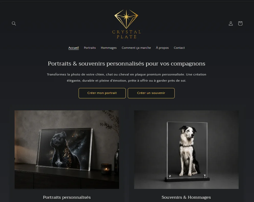 Accueil du site Crystal Plate avec les portraits d'animaux sur plaque acrylique